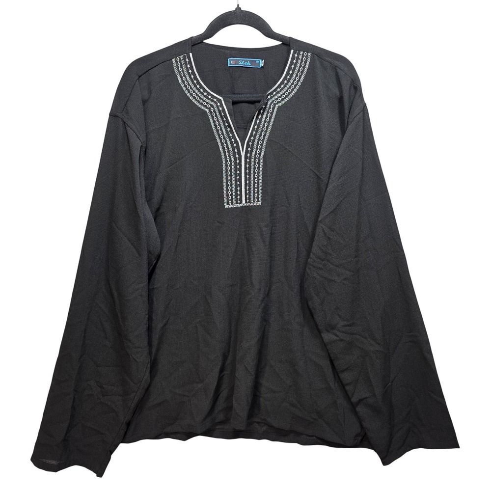 Slok Mens 4XL Black Kurta Shirt White Embroidered Long Sleeve Indian Ethnic